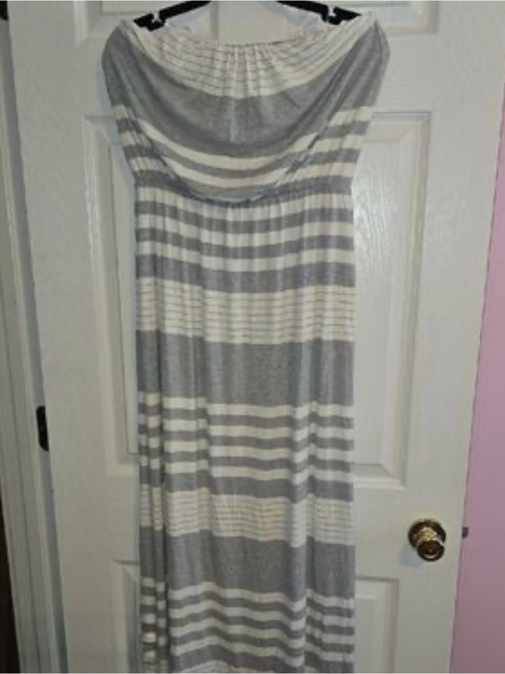 Striped Strapless Maxi Dress in White and Gray